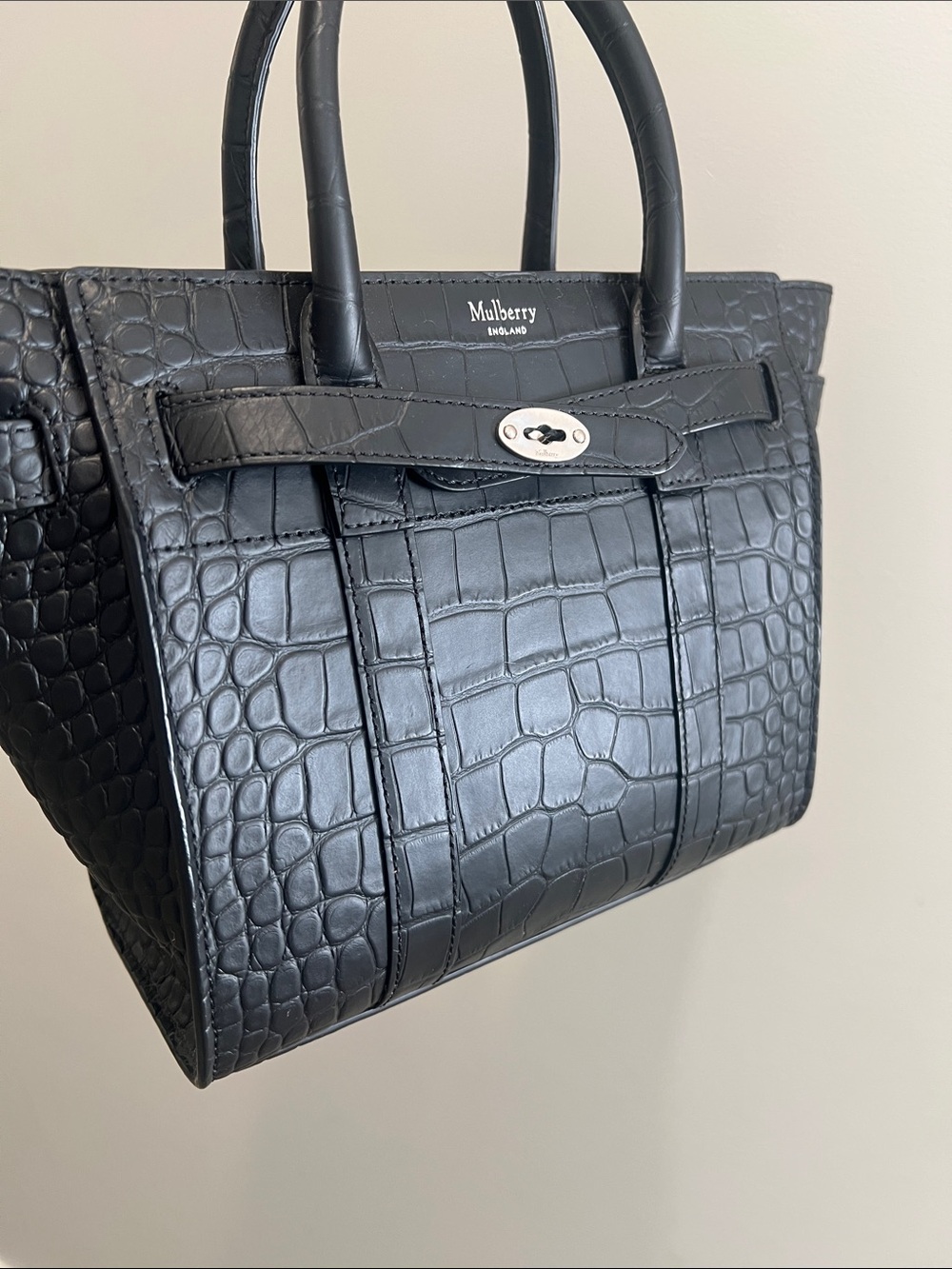 Mulberry Black Croc-Embossed Leather Zipped Bayswater Tote with Postman’s Lock